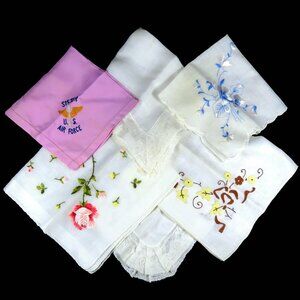 Vintage Hankies (Lot of 6) 1930s-50s Embroidered & Lace, incl. USAF Sister